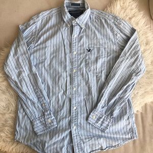 American Eagle Mens XL White Blue Striped Vintage Fit Cotton Button Up Shirt